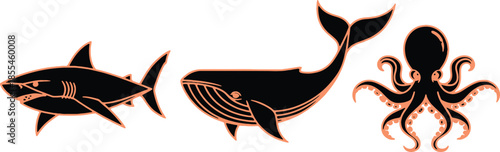 Marine Animal Silhouettes Vector Set with Fish, Whale and Octopus Icons