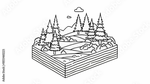 Stylized isometric forest landscape with rolling hills and trees.