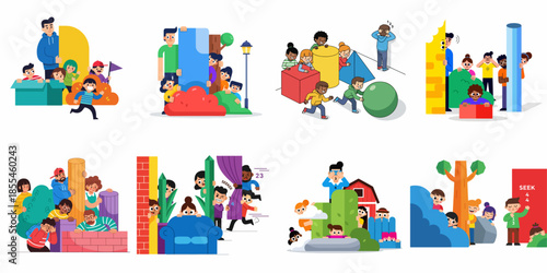 Vector illustration set showing various scenes of people and kids playing the classic game of Hide and Seek, hiding behind objects like blocks, trees, and walls.