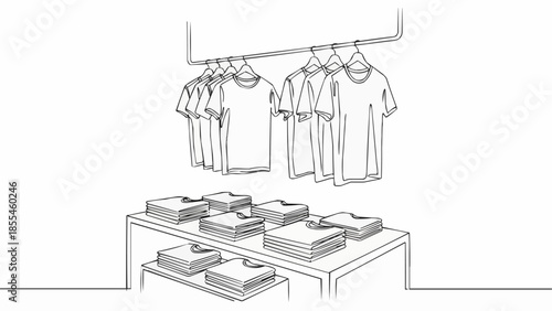 T Shirt Display Rack and Table with Folded Clothes.