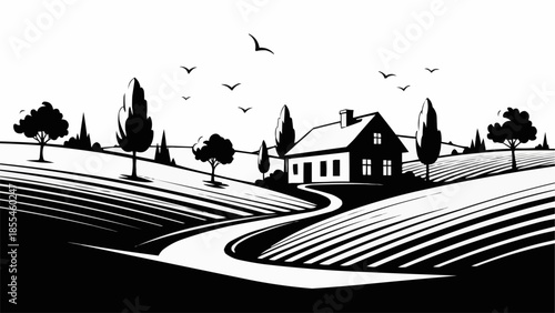 Stylized rural landscape with a house and winding road.