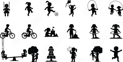 Collection of black and white silhouette icons depicting children engaged in various fun outdoor playground activities and games