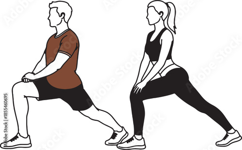 Male and female fitness lunge exercise vector illustration in clean minimal outline style