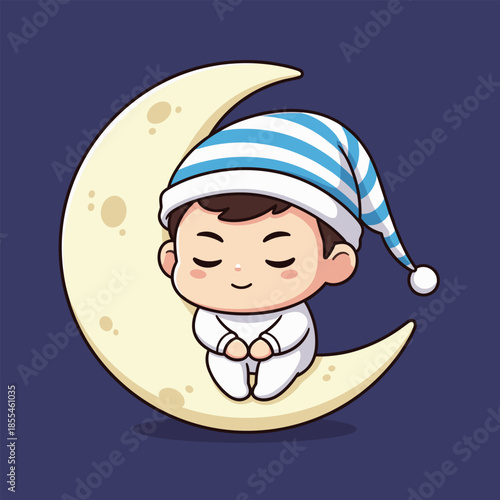 Cute Baby Sleeping Peacefully on a Crescent Moon Illustration.