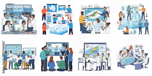 Collaborative climate scientists researching global warming, analyzing ice cores, glacier retreat, and polar data visualizations in a laboratory setting.