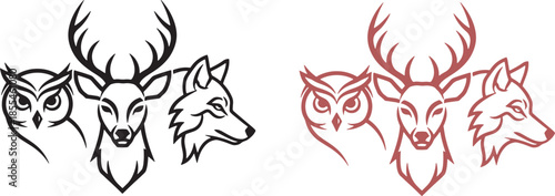 Minimal line art animal emblem featuring owl deer and wolf heads in clean symmetrical form