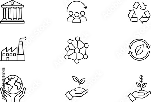 Outline Vector Icon Set Representing Global Sustainability Environmental Conservation Community Leadership Green Finance and Ethical Business Practices Concepts