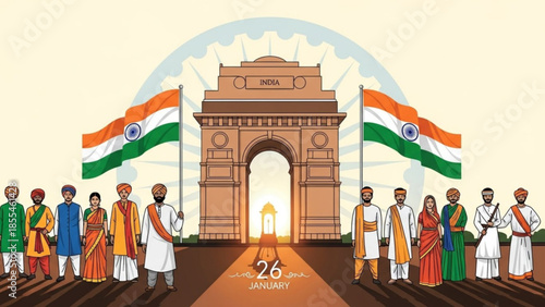 India republic day celebration with india gate monument and people in traditional attire