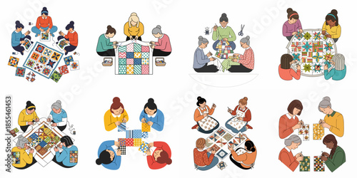 Collection of illustrations showing women and grandmothers collaboratively sewing patchwork quilts, representing handmade textile arts and community crafting.