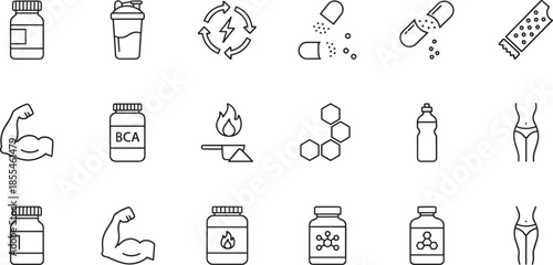 Outline Vector Icon Set Representing Fitness Supplements Sports Nutrition Bodybuilding Muscle Growth Healthy Lifestyle and Gym Workout Essentials