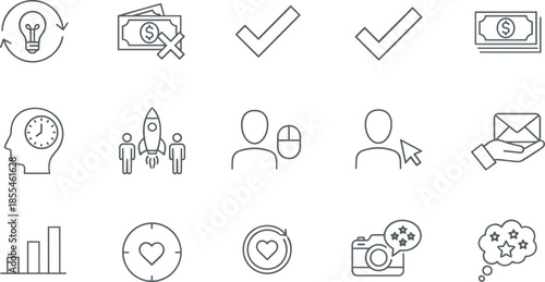 Outline Vector Icon Set Representing Financial Growth Startup Launch User Engagement Digital Transactions Professional Success and Marketing Feedback Concepts