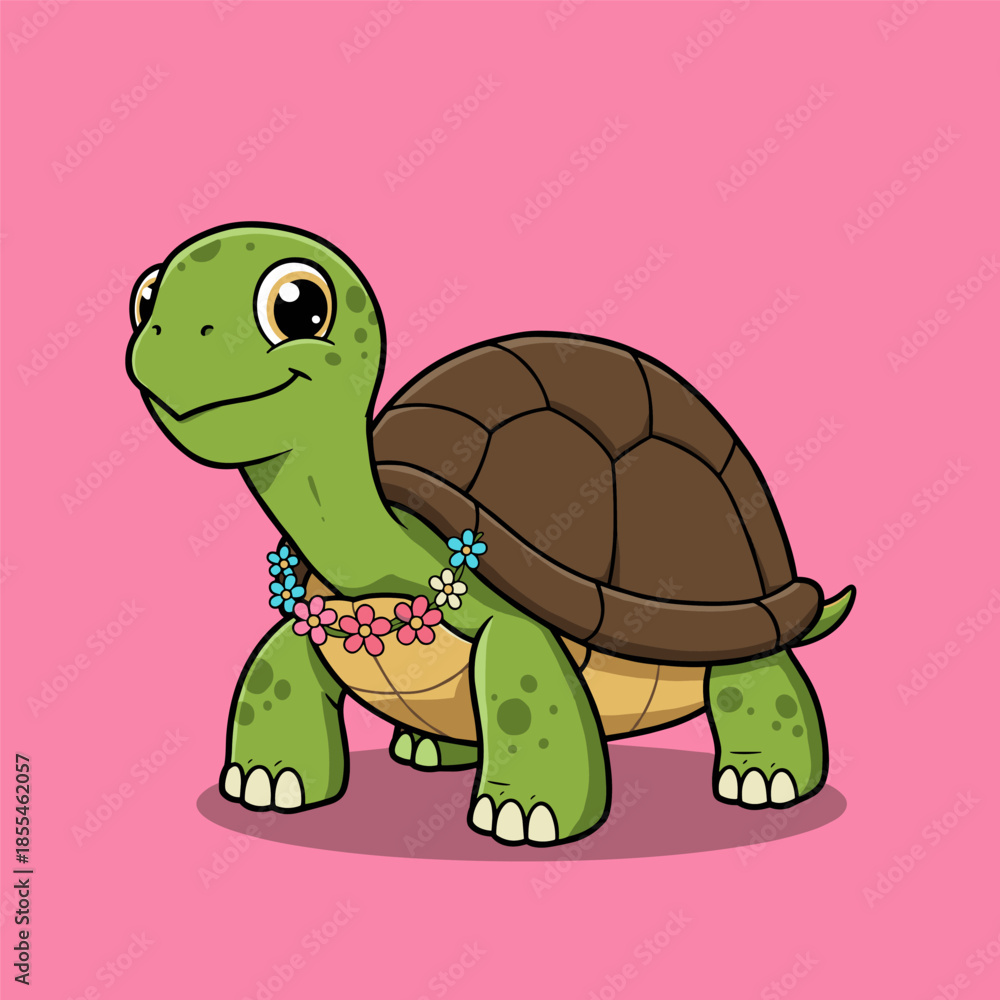 Obraz premium Funny cute cartoon turtle smiling happily in a green nature illustration for children