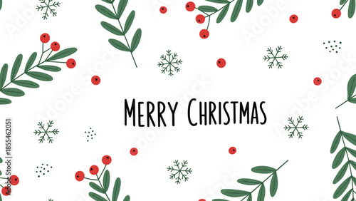 Merry Christmas Card with Red Berries and Green Leaves