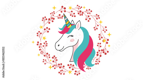 Cute Unicorn Head with Christmas Berry Wreath Illustration