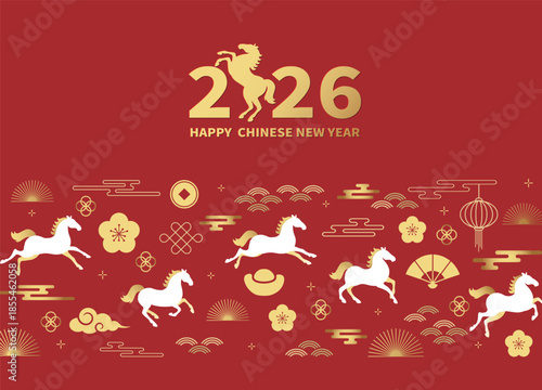2026 Chinese New Year and Year of the Horse design with horse and Asian decorative patterns on a festive red background, suitable for banners and posters.