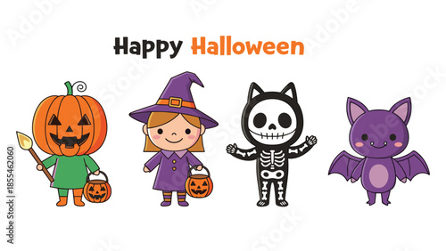Cute Kids in Halloween Costumes Set Vector Illustration