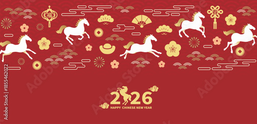 2026 Chinese New Year and Year of the Horse design with horse and Asian decorative patterns on a festive red background, suitable for banners and posters.