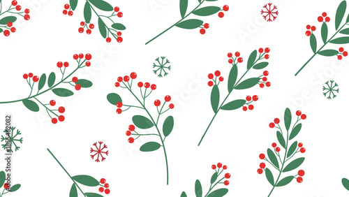 Seamless Christmas Pattern with Red Berries and Green Leaves