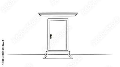 A simple drawing of a closed door with a decorative frame.
