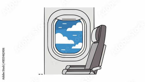 Airplane Window Seat View of Blue Sky and Clouds.