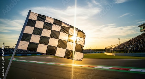 Chequered flag waving at race track finish line against sunset. Winning symbol of racing car competition and auto sport.