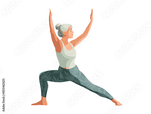 Senior woman practicing yoga, healthy aging and wellness illustration
