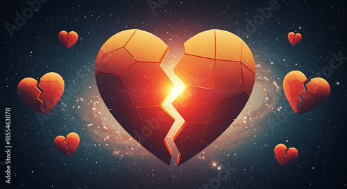 Broken heart in space with shattered fragments