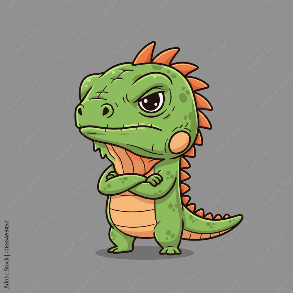 Fototapeta premium Grumpy Green Cartoon Lizard with Arms Crossed and Orange Spikes.