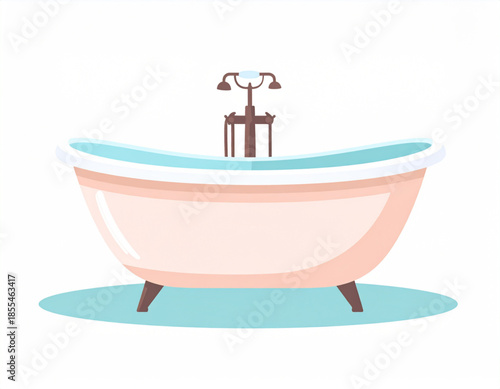 A charming vintage-style clawfoot bathtub with a classic faucet, rendered in a soft pastel color palette, isolated on a white background.