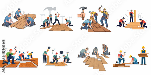 Set of illustrations depicting construction workers installing wood flooring, performing carpentry tasks, and home renovation using various hand tools.