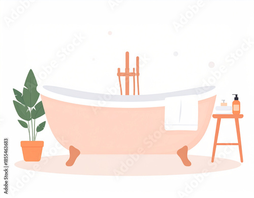 Cozy bathroom interior with a stylish pink clawfoot bathtub, potted plant, and bath accessories on a wooden stool.