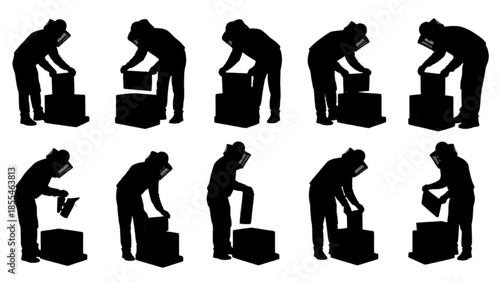 Energetic silhouettes demonstrating essential tasks of box handling and manual labor, symbolizing efficient logistics