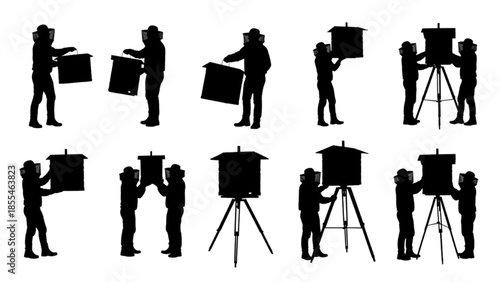 Various silhouettes of beekeepers managing hives for honey production, depicting different stages and activities
