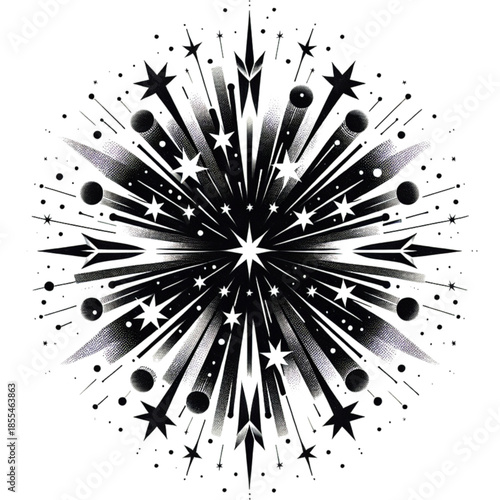 Cosmic Burst of Light: A radiant burst of stars, comets, and lines of light, illuminating the night.