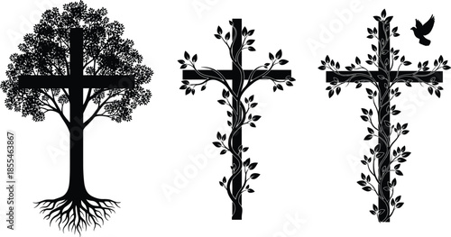 Nature-integrated cross silhouettes with tree, vine, and bird, symbolic spiritual illustration of growth, faith, and divine connection
