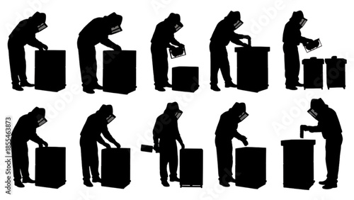 Hazardous Waste Management Worker Silhouettes Demonstrating Safe Disposal Procedures Collection