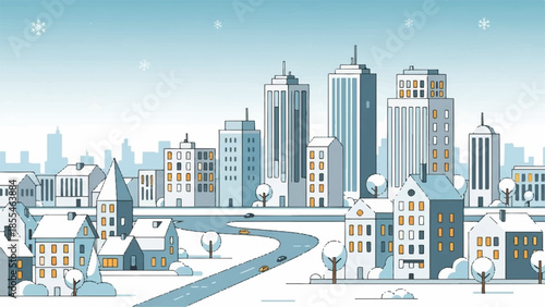 Snowy cityscape with buildings and road in winter scene from aerial viewpoint