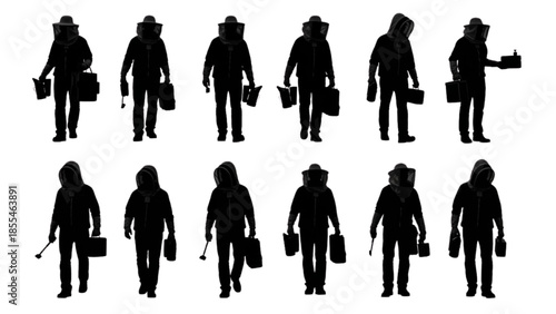 Silhouettes of people in beekeeping suits with various tools