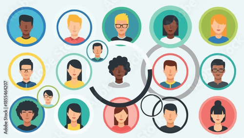 Diverse group of people avatars in a network connection.