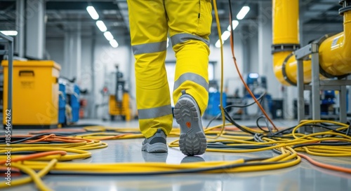 Worker in yellow uniform walks across wet factory floor. Cables scattered creating tripping hazard. Unsafe conditions