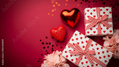 Red heart shapes and gift boxes on dark red background. Romantic flat lay with confetti and pink flowers