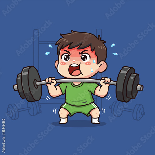 Cartoon Boy Struggling to Lift Heavy Barbell with Determination.