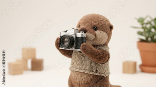 Cute stuffed animal otter holding a vintage camera, wearing a small knit sweater. A charming toy photographer for kids advertising and creative projects.