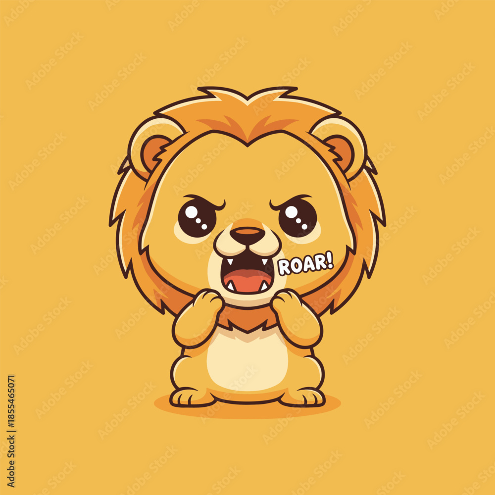 Obraz premium Adorable Cartoon Lion Cub Roaring with Tiny Paws Up.