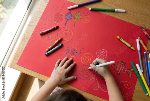 Kid drawing fish and lanterns on red paper with marker. Childrens imagination and creativity for holiday art craft.