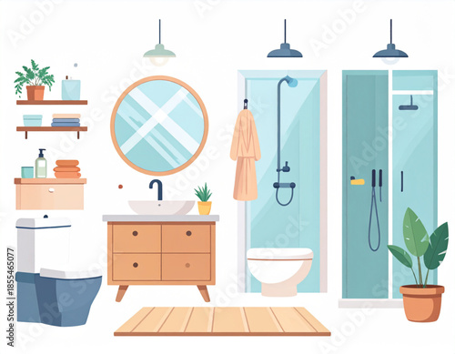 A collection of modern bathroom furniture, fixtures, and accessories including toilets, vanities, showers, mirrors, and plants on a white background.