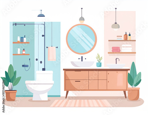 Modern bathroom interior with shower, toilet, vanity, mirror, and plants, in a clean and minimalist illustration style.