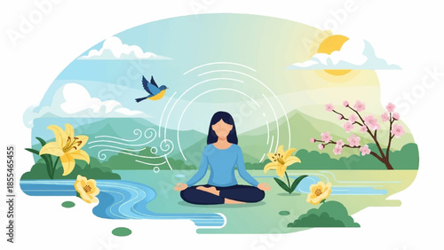 A woman meditating serenely by a river surrounded by nature and flowers