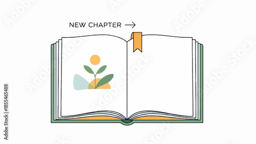 An open book with a bookmark and an illustration of a sprouting plant on the left page, symbolizing new beginnings and growth.