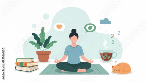 A serene woman meditating peacefully with cat and plants around her in a calm environment